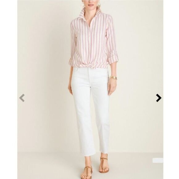 Chico's NO-IRON Linen Metallic Striped Roll-Tab Shirt Button Down Linen Size 2 - Picture 2 of 12